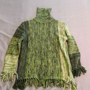Thick knit long fringe ombre green sweater